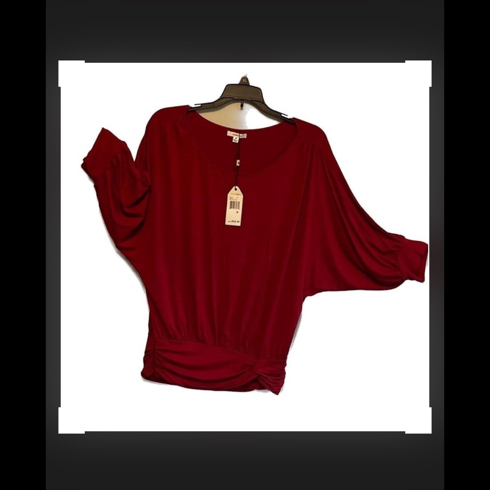 Deep Red Blouse Sz.M Dolman sleeves rouched waist great for Valentine's Day Cute